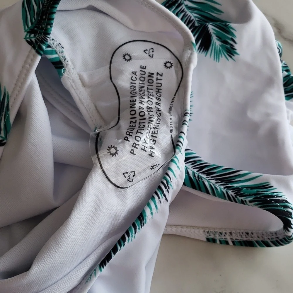 SouqFone Ruffled Flounce Top High Waisted Bikini Set in Blue Green Leaf Size L